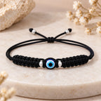 Marvel Silver black evil eye macrame adjustable bracelet with blue evil eye centerpiece and silver-tone beads