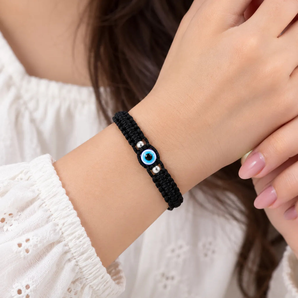 Marvel Silver black evil eye macrame adjustable bracelet with blue evil eye centerpiece and silver-tone beads