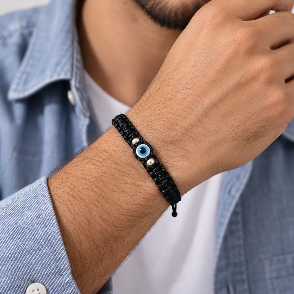 Marvel Silver black evil eye macrame adjustable bracelet with blue evil eye centerpiece and silver-tone beads