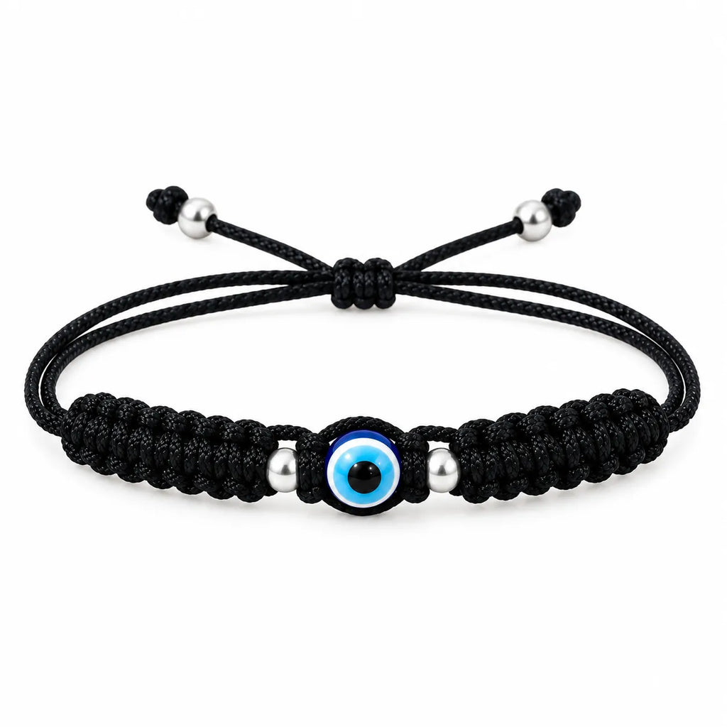 Marvel Silver black evil eye macrame adjustable bracelet with blue evil eye centerpiece and silver-tone beads