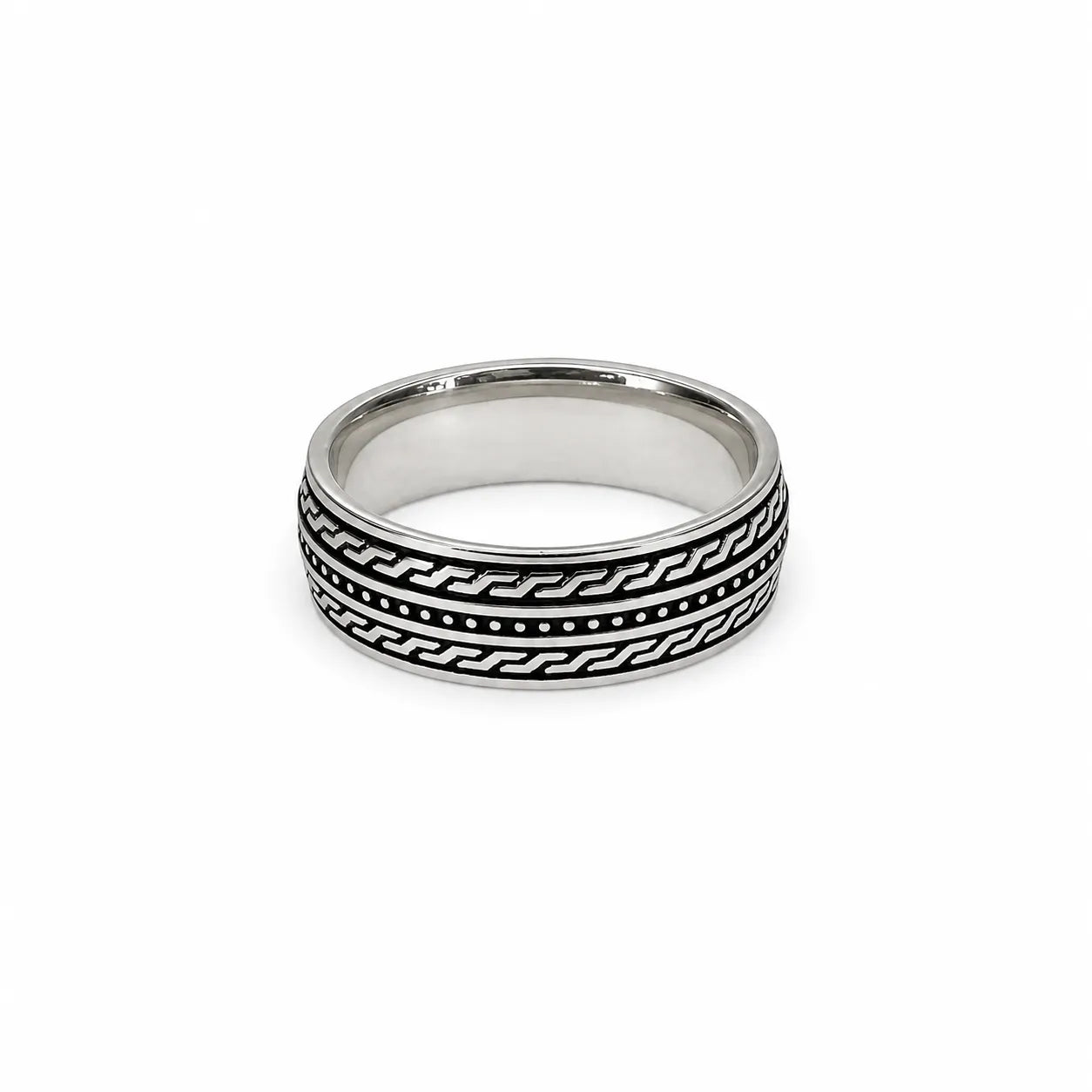 Marvel Silver black geometric pattern band ring for men with 2.2 cm size