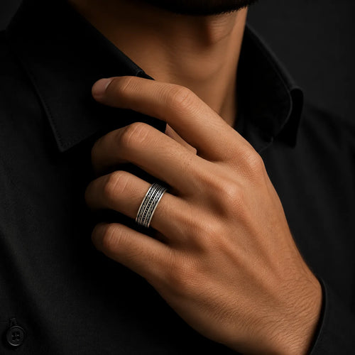Marvel Silver black geometric pattern band ring for men with 2.2 cm size