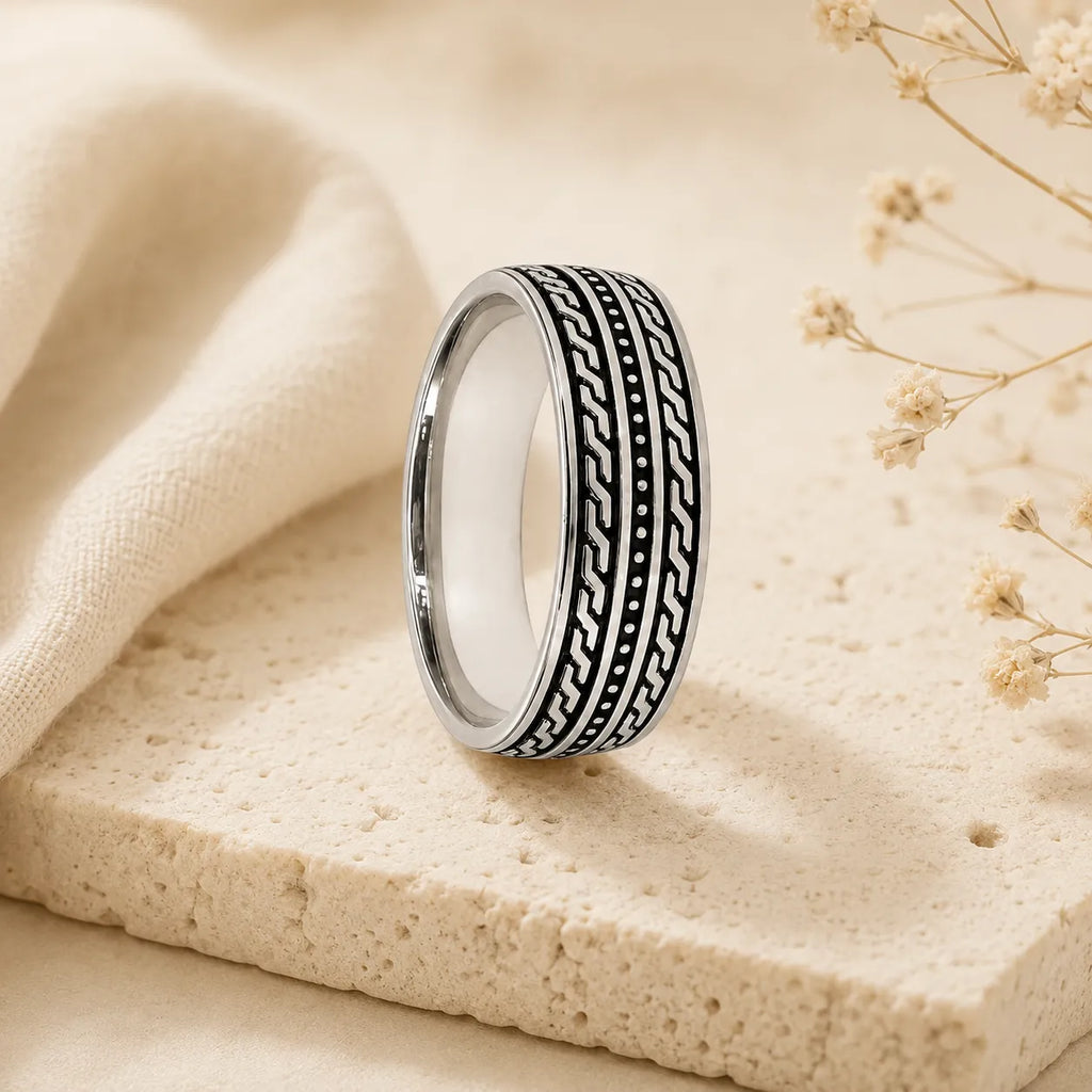 Marvel Silver black geometric pattern band ring for men with 2.2 cm size