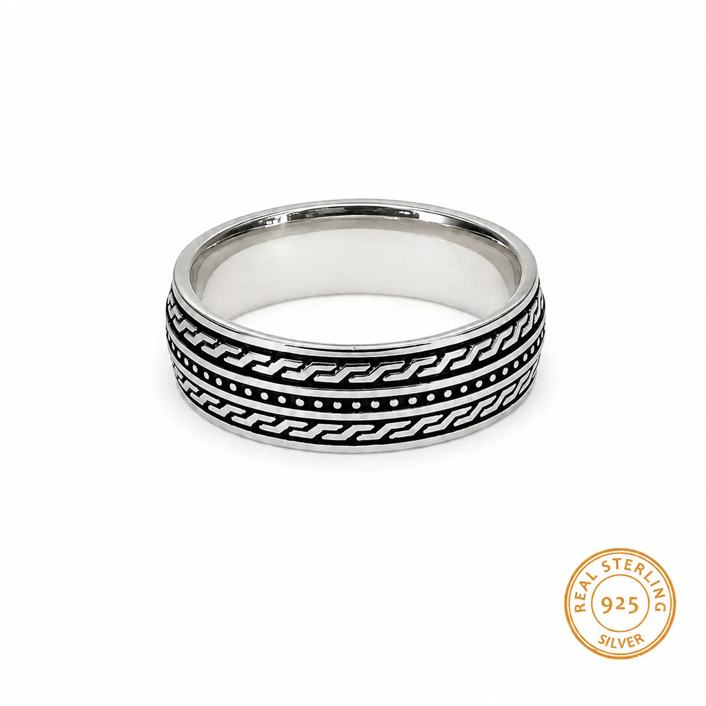 Marvel Silver black geometric pattern band ring for men with 2.2 cm size
