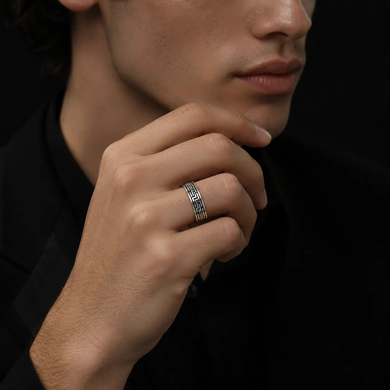 Marvel Silver black Greek key silver band ring for men with 2.4 cm size