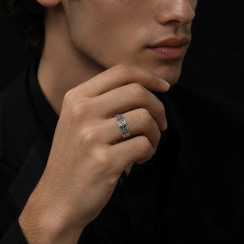 Marvel Silver black Greek key silver band ring for men with 2.4 cm size