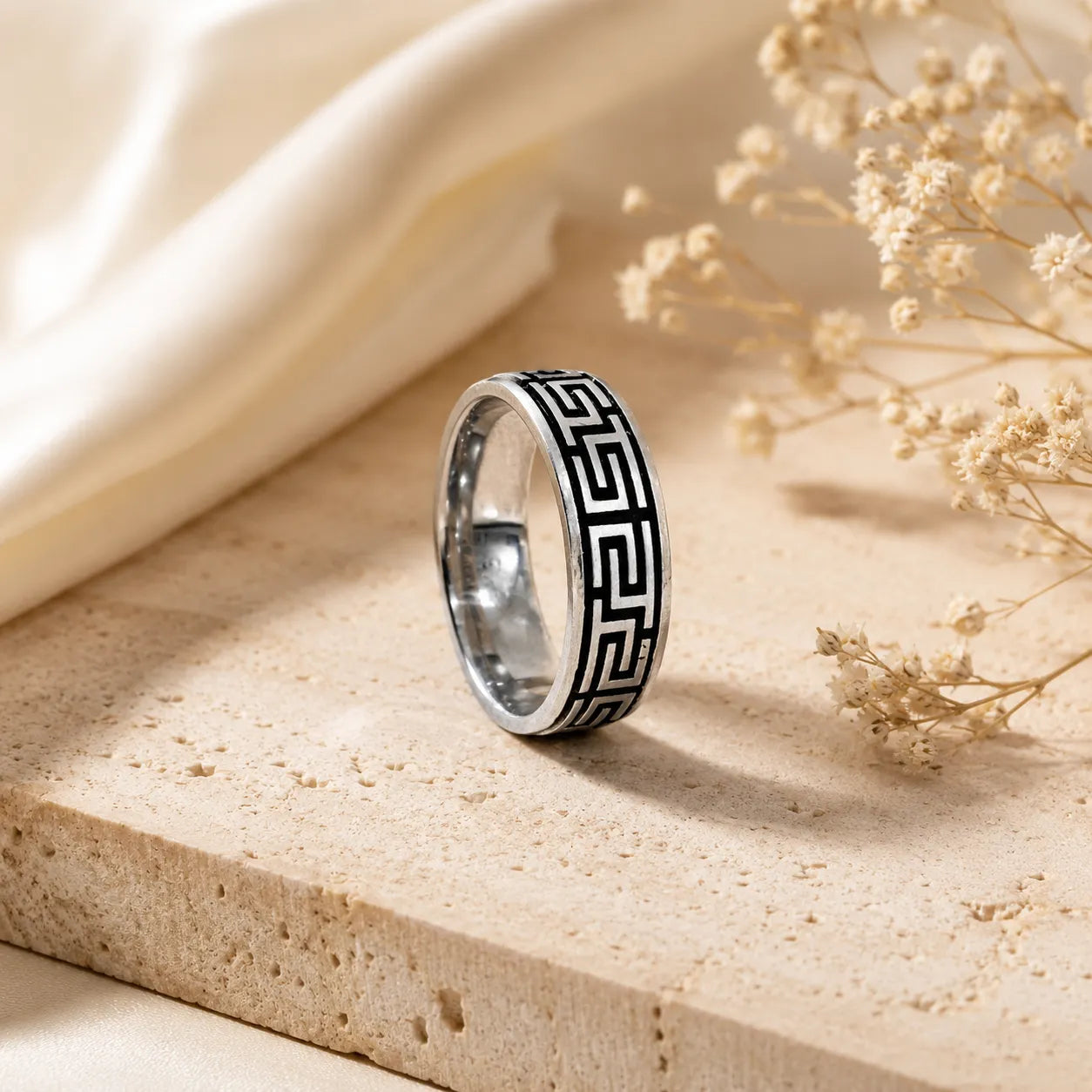 Marvel Silver black Greek key silver band ring for men with 2.4 cm size
