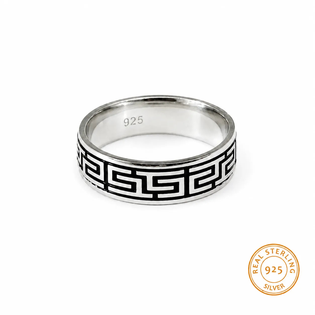 Marvel Silver black Greek key silver band ring for men with 2.4 cm size