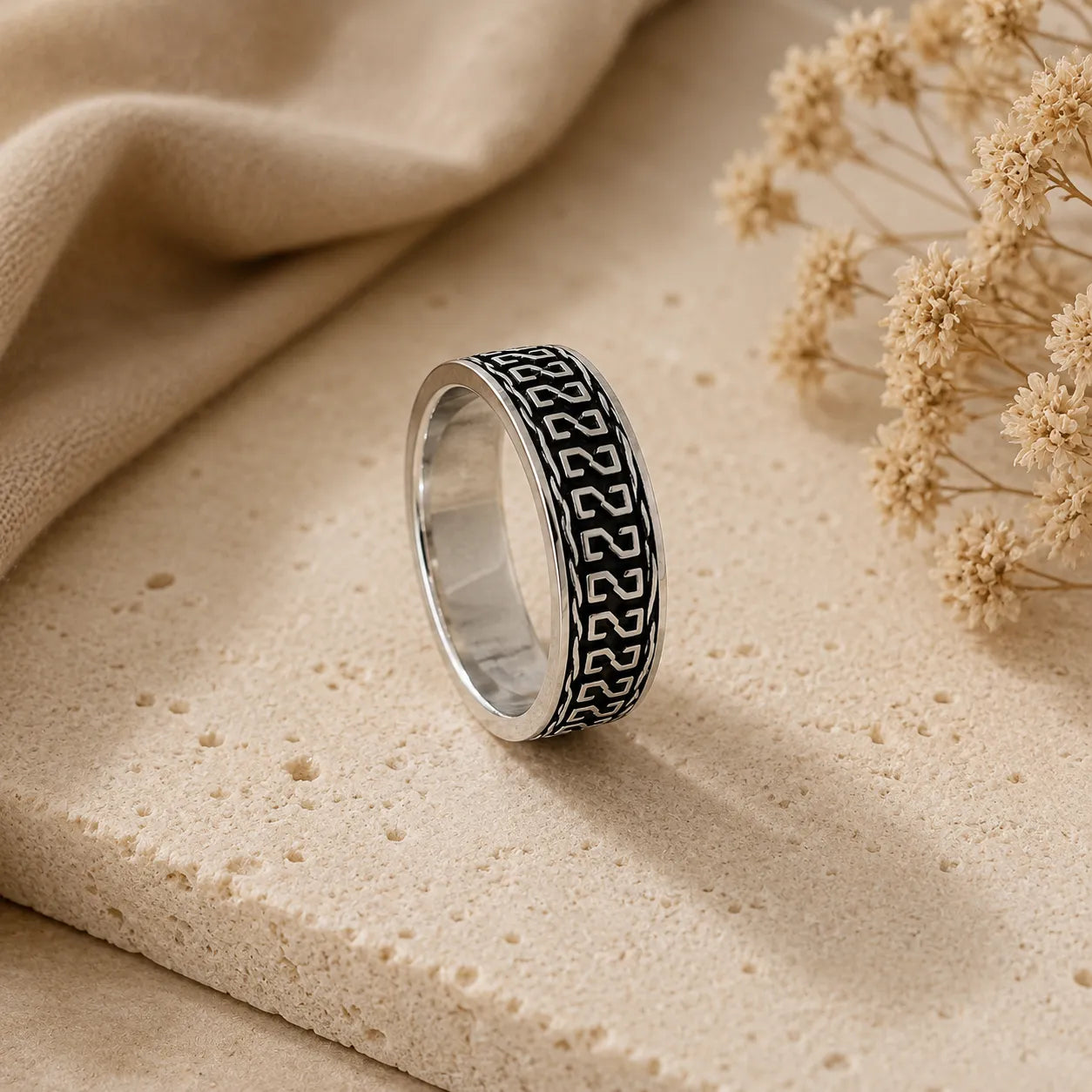 Marvel Silver black Greek key pattern silver band ring for men with 2.5 cm size
