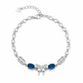 Marvel Silver 925 sterling silver bracelet featuring a sparkling butterfly centerpiece with blue gemstones, white AAA Cubic Zirconia accents, elegant heart-link chain, rhodium-plated finish, adjustable extension chain, and a stylish design for women and girls suitable for daily wear, parties, weddings, anniversaries, and gifting.