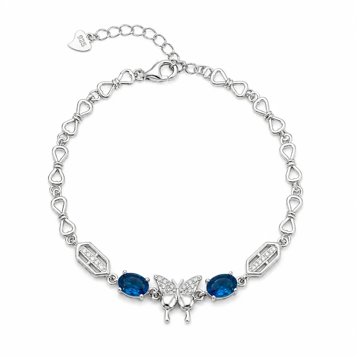 Marvel Silver 925 sterling silver bracelet featuring a sparkling butterfly centerpiece with blue gemstones, white AAA Cubic Zirconia accents, elegant heart-link chain, rhodium-plated finish, adjustable extension chain, and a stylish design for women and girls suitable for daily wear, parties, weddings, anniversaries, and gifting.