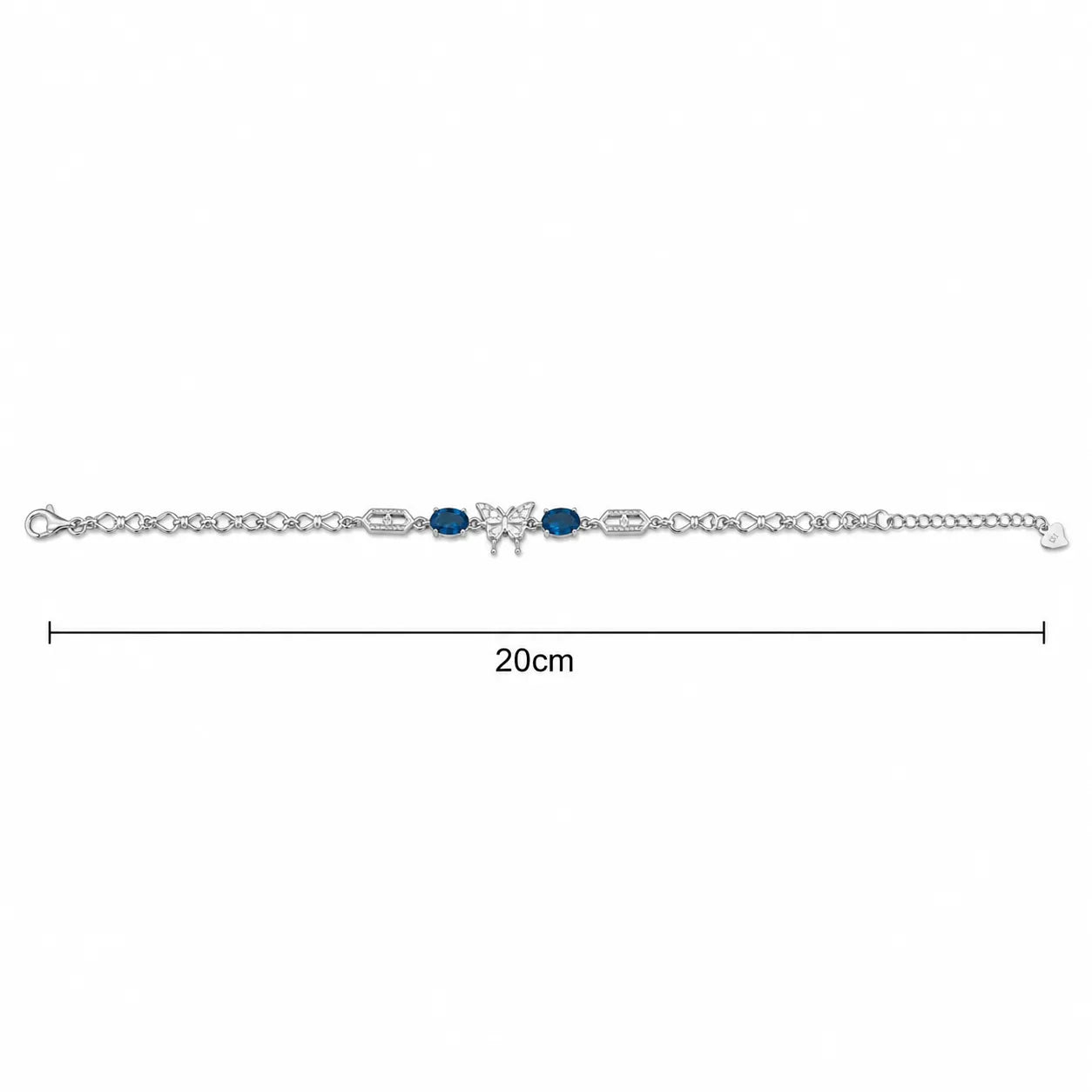 Marvel Silver 925 sterling silver bracelet featuring a sparkling butterfly centerpiece with blue gemstones, white AAA Cubic Zirconia accents, elegant heart-link chain, rhodium-plated finish, adjustable extension chain, and a stylish design for women and girls suitable for daily wear, parties, weddings, anniversaries, and gifting.