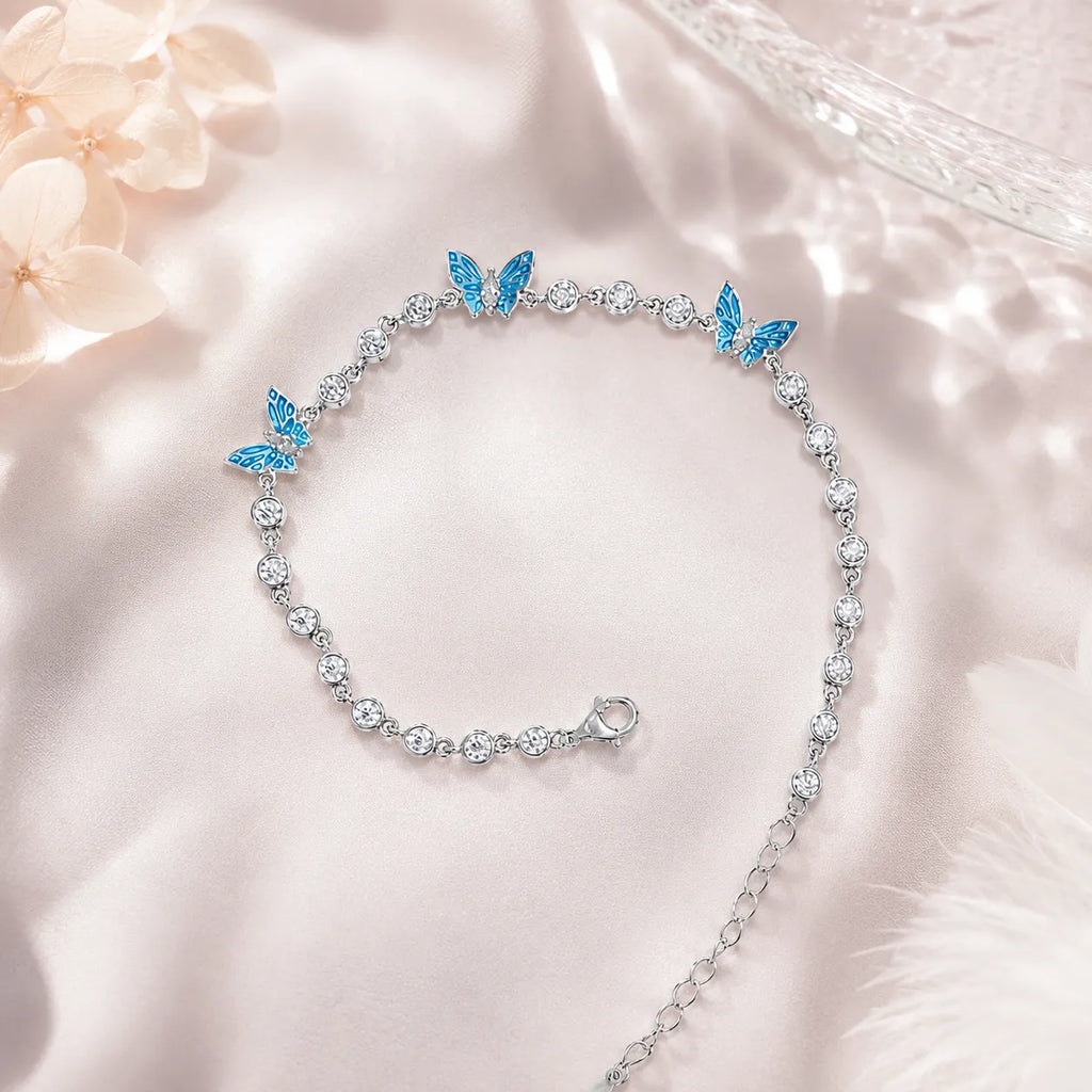 Marvel Silver blue butterfly silver bracelet for women with sparkling white stones