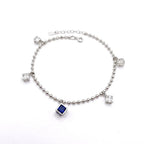 Marvel Silver Blue Crystal Anklet featuring a silver bead chain, blue crystal centerpiece, sparkling square crystal charms, and adjustable clasp for women and girls.