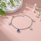 Marvel Silver Blue Crystal Anklet featuring a silver bead chain, blue crystal centerpiece, sparkling square crystal charms, and adjustable clasp for women and girls.