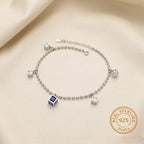 Marvel Silver Blue Crystal Anklet featuring a silver bead chain, blue crystal centerpiece, sparkling square crystal charms, and adjustable clasp for women and girls.
