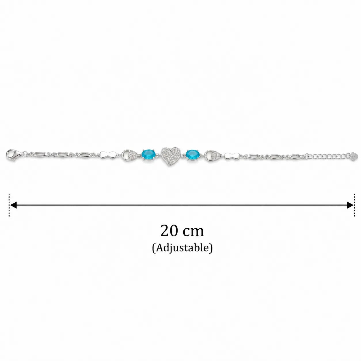 Marvel Silver 925 sterling silver bracelet featuring a sparkling heart-shaped CZ centerpiece with vibrant blue gemstones and an adjustable chain, designed for women and girls, perfect for daily wear, office, parties, weddings, festive occasions, and gifting.