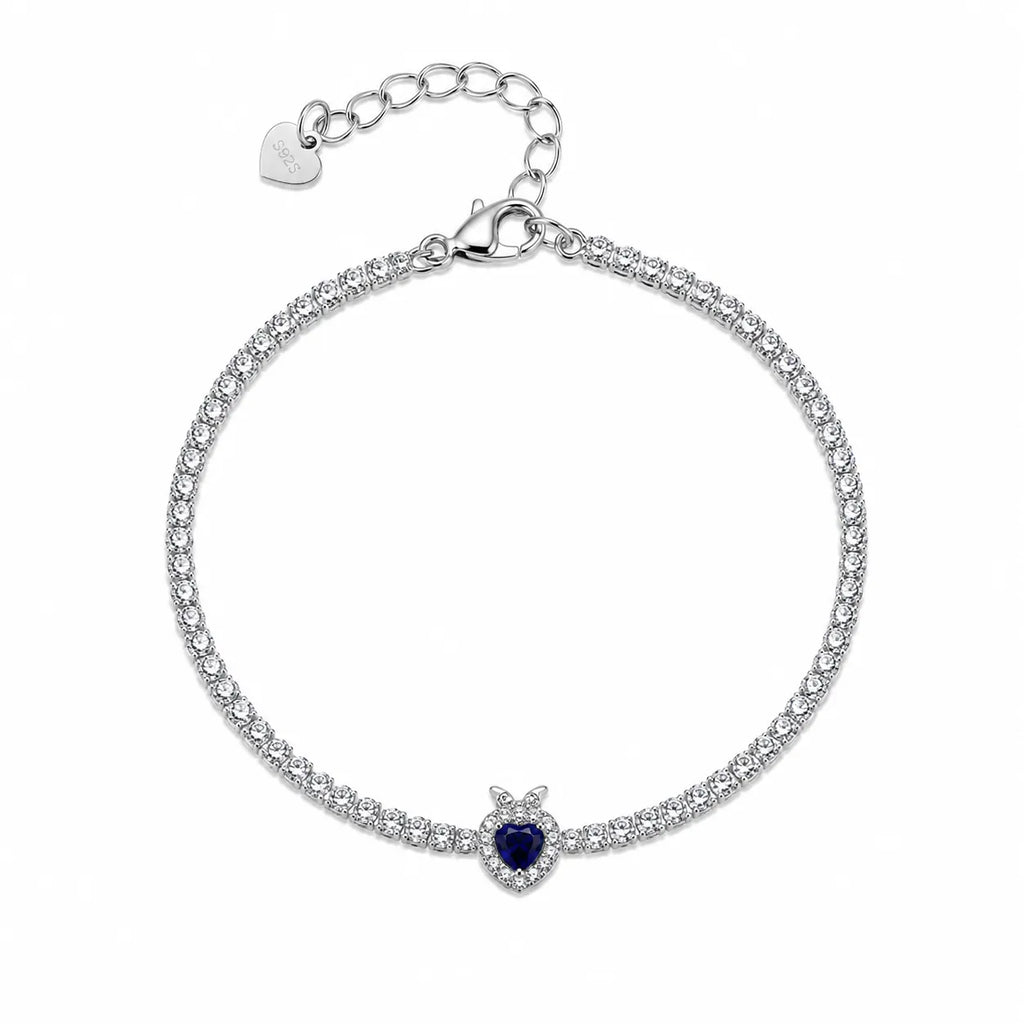 Marvel Silver 925 sterling silver tennis bracelet featuring a sparkling blue heart Cubic Zirconia centerpiece with a dazzling white stone chain, rhodium-plated finish, adjustable extension chain, elegant bracelet for women and girls suitable for daily wear, parties, weddings, anniversaries, and gifting.