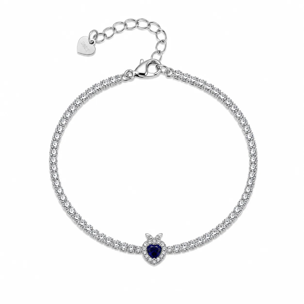 Marvel Silver 925 sterling silver tennis bracelet featuring a sparkling blue heart Cubic Zirconia centerpiece with a dazzling white stone chain, rhodium-plated finish, adjustable extension chain, elegant bracelet for women and girls suitable for daily wear, parties, weddings, anniversaries, and gifting.