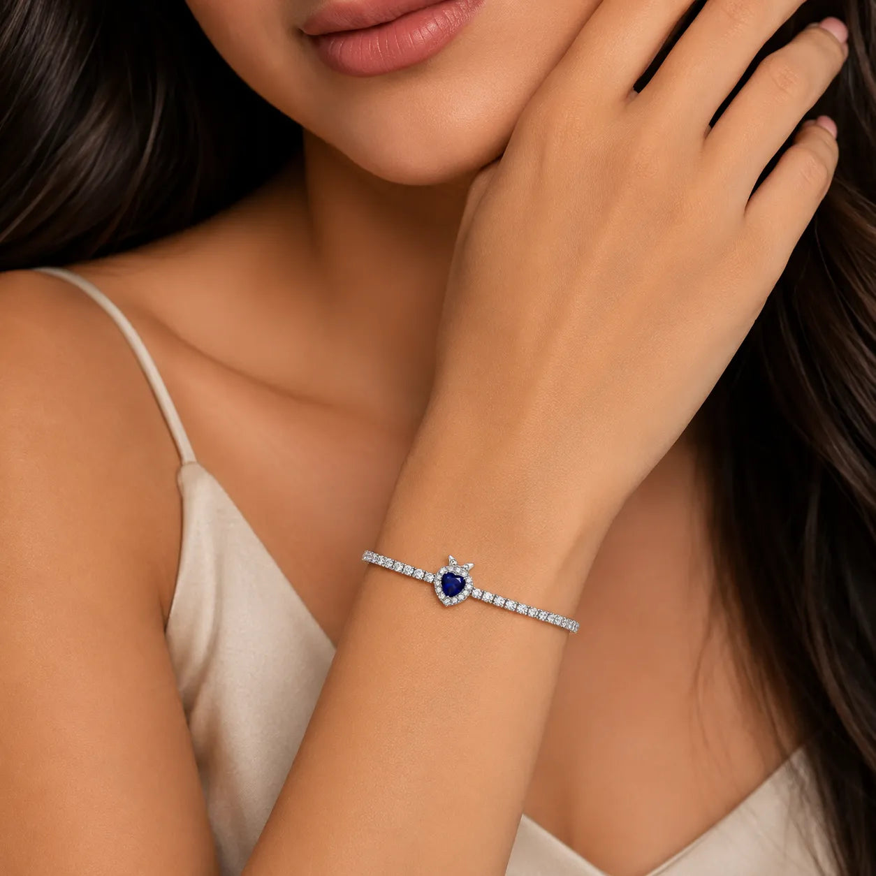 Marvel Silver 925 sterling silver tennis bracelet featuring a sparkling blue heart Cubic Zirconia centerpiece with a dazzling white stone chain, rhodium-plated finish, adjustable extension chain, elegant bracelet for women and girls suitable for daily wear, parties, weddings, anniversaries, and gifting.