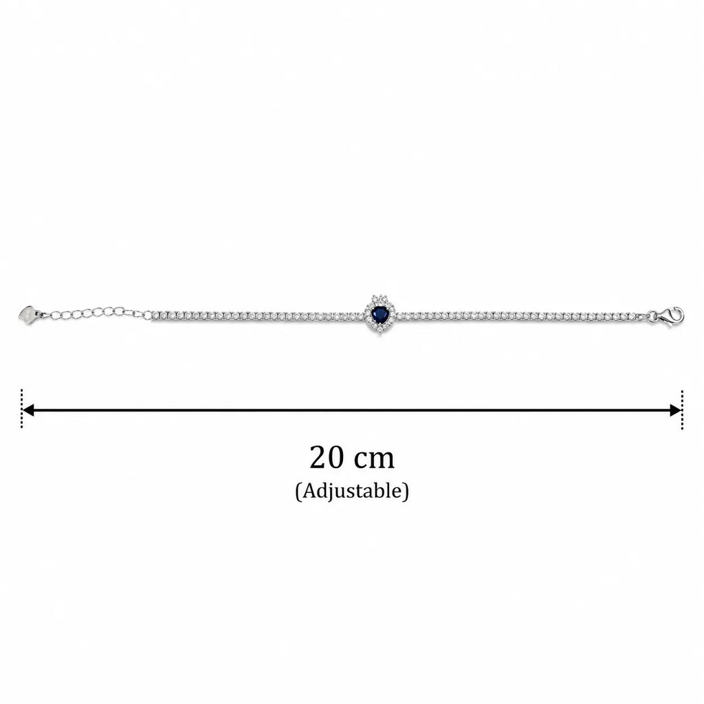 Marvel Silver 925 sterling silver tennis bracelet featuring a sparkling blue heart Cubic Zirconia centerpiece with a dazzling white stone chain, rhodium-plated finish, adjustable extension chain, elegant bracelet for women and girls suitable for daily wear, parties, weddings, anniversaries, and gifting.