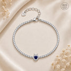 Marvel Silver 925 sterling silver tennis bracelet featuring a sparkling blue heart Cubic Zirconia centerpiece with a dazzling white stone chain, rhodium-plated finish, adjustable extension chain, elegant bracelet for women and girls suitable for daily wear, parties, weddings, anniversaries, and gifting.