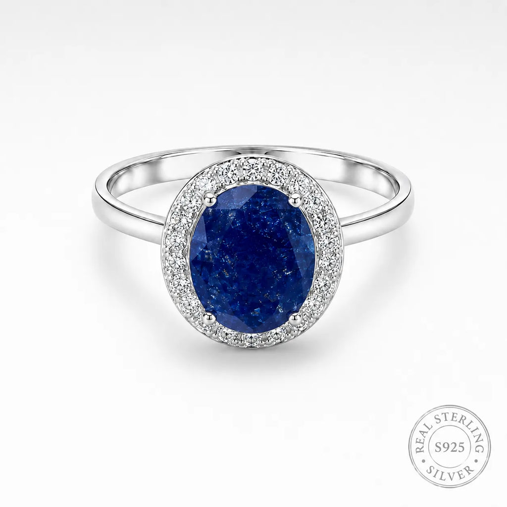 Marvel Silver blue oval stone halo silver ring for women with sparkling white stones