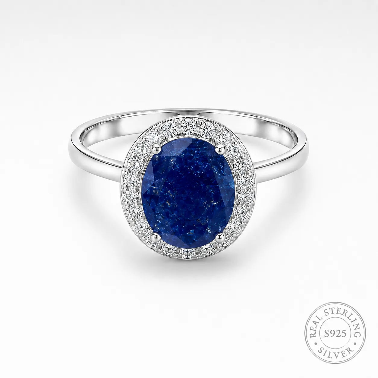 Marvel Silver blue oval stone halo silver ring for women with sparkling white stones
