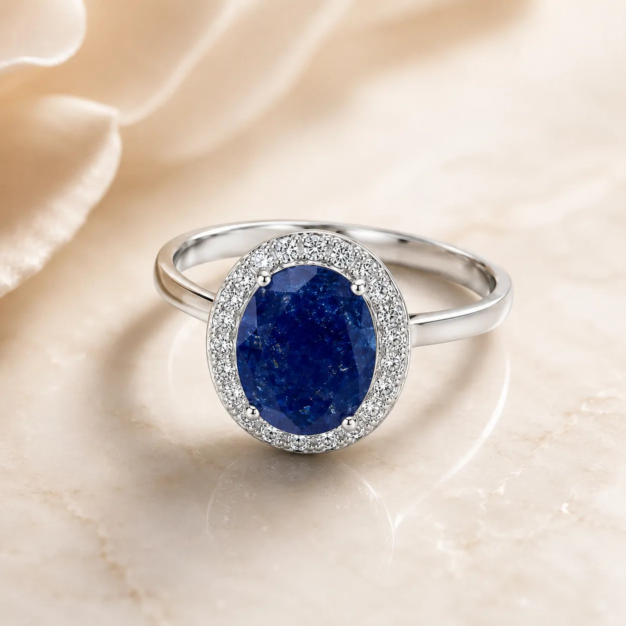 Marvel Silver blue oval stone halo silver ring for women with sparkling white stones