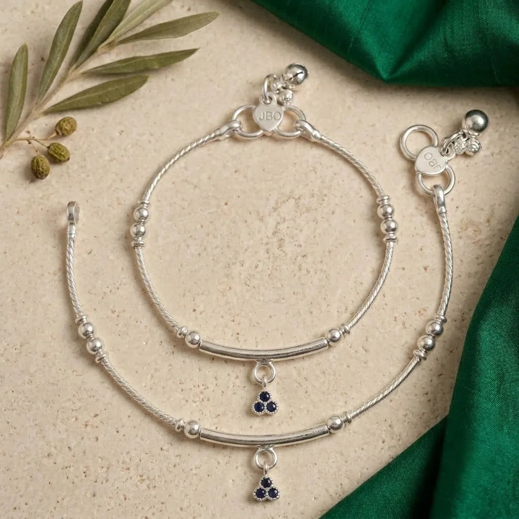 Silver Blue Stone Charm Silver Baby Payal Pair