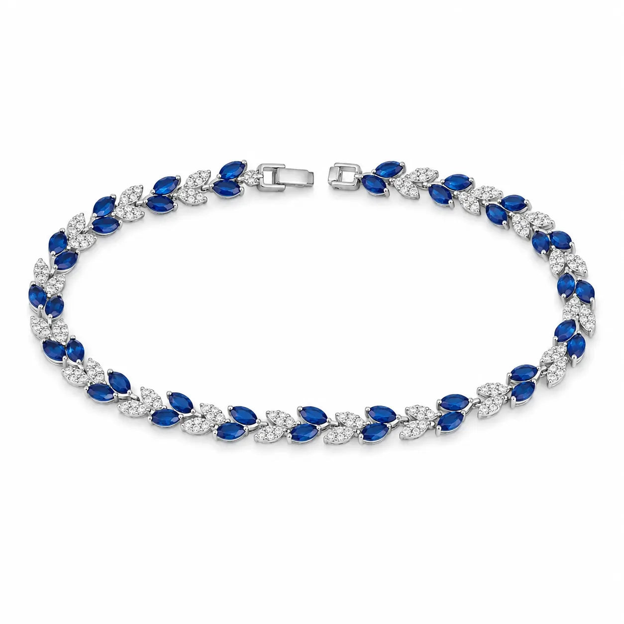 Marvel Silver blue stone leaf design silver bracelet for women with sparkling white stones