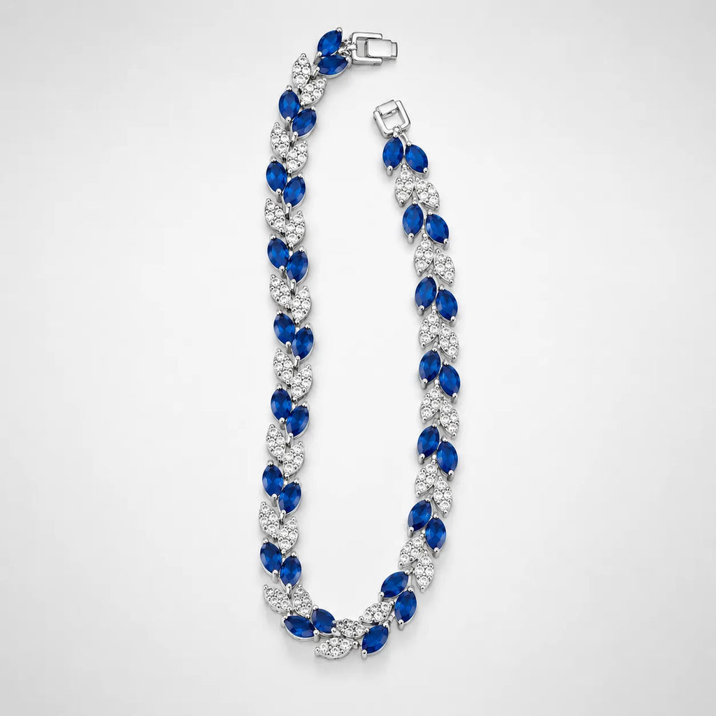 Marvel Silver blue stone leaf design silver bracelet for women with sparkling white stones
