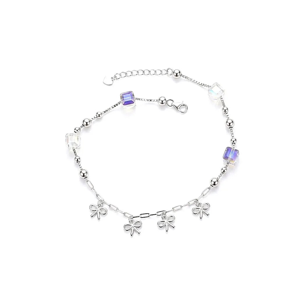 Marvel Silver Bow Charm Anklet with crystal cube beads and adjustable silver chain for women and girls.