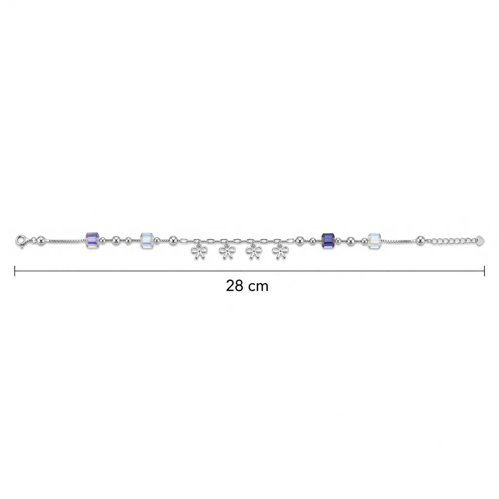 Marvel Silver Bow Charm Anklet with crystal cube beads and adjustable silver chain for women and girls.