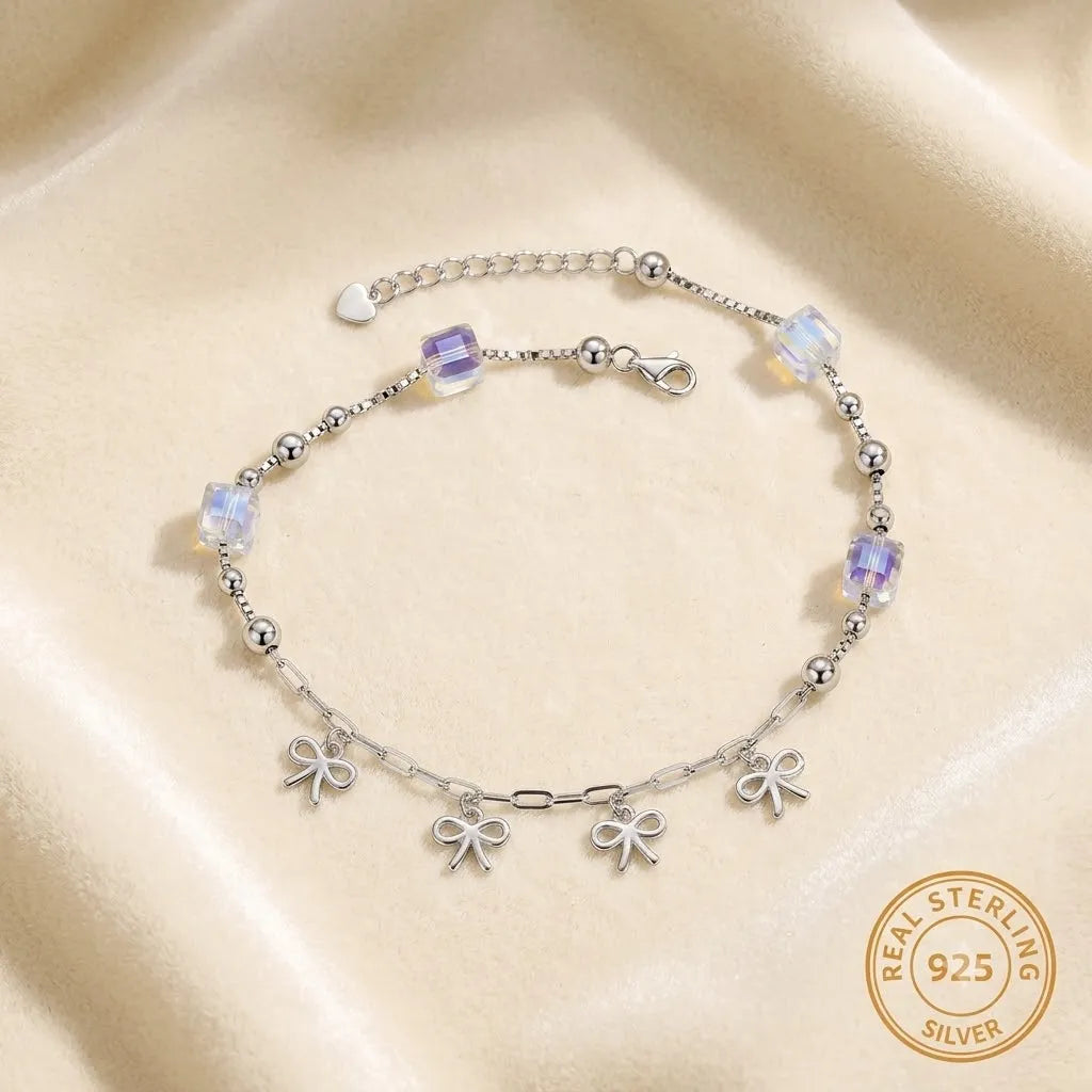 Marvel Silver Bow Charm Anklet with crystal cube beads and adjustable silver chain for women and girls.