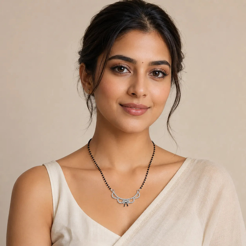 Marvel Silver bow design black beads mangalsutra for women with 4 cm pendant