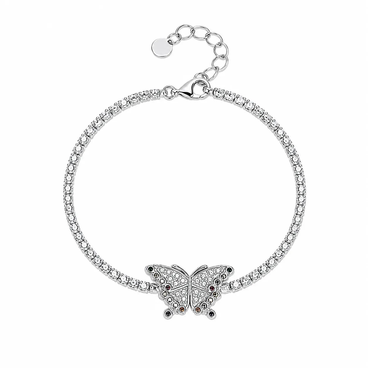 Marvel Silver 925 sterling silver tennis bracelet featuring a sparkling butterfly centerpiece with AAA Cubic Zirconia and multicolor stone accents, rhodium-plated finish, adjustable extension chain, elegant silver bracelet for women and girls suitable for daily wear, parties, weddings, anniversaries, and gifting.