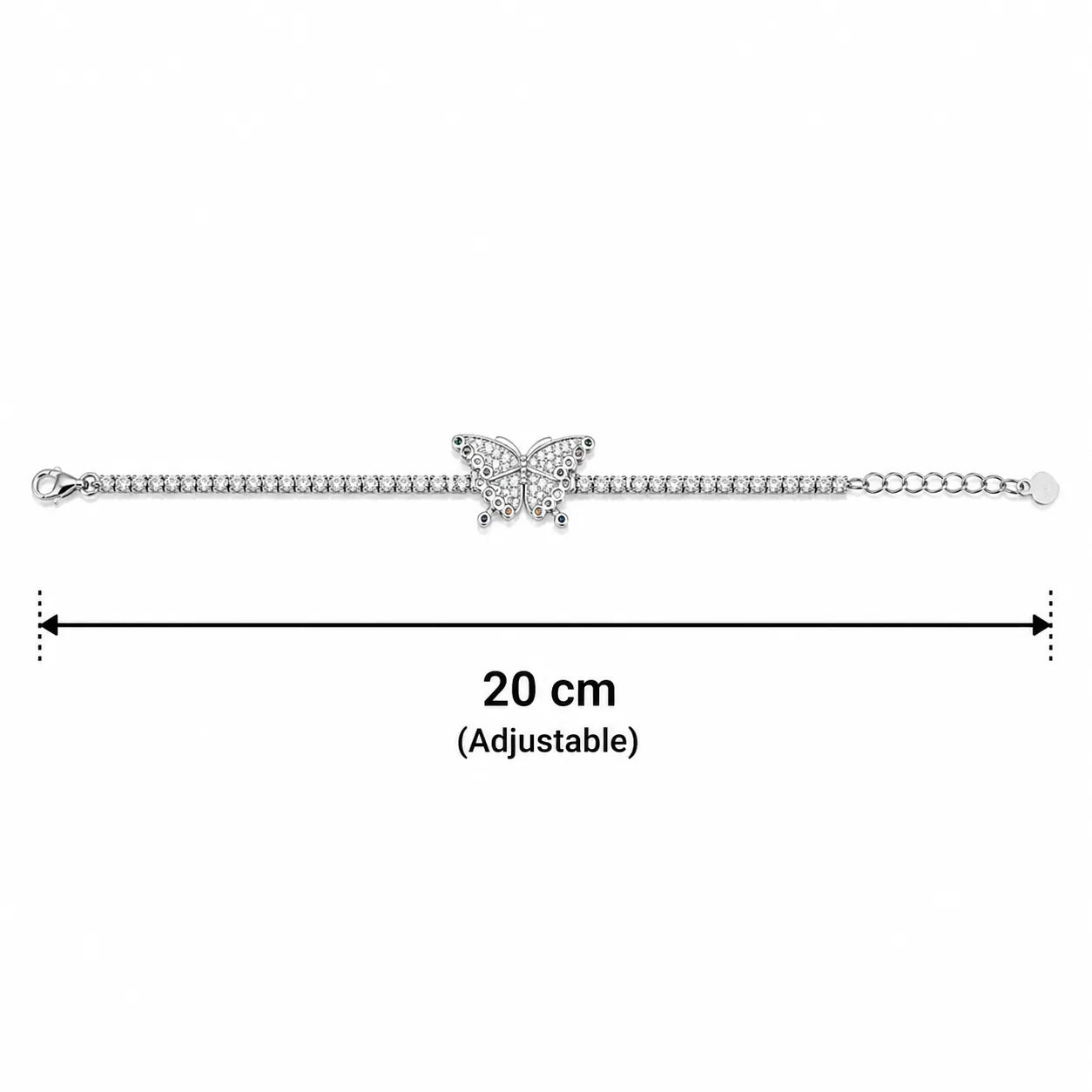 Marvel Silver 925 sterling silver tennis bracelet featuring a sparkling butterfly centerpiece with AAA Cubic Zirconia and multicolor stone accents, rhodium-plated finish, adjustable extension chain, elegant silver bracelet for women and girls suitable for daily wear, parties, weddings, anniversaries, and gifting.