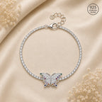 Marvel Silver 925 sterling silver tennis bracelet featuring a sparkling butterfly centerpiece with AAA Cubic Zirconia and multicolor stone accents, rhodium-plated finish, adjustable extension chain, elegant silver bracelet for women and girls suitable for daily wear, parties, weddings, anniversaries, and gifting.