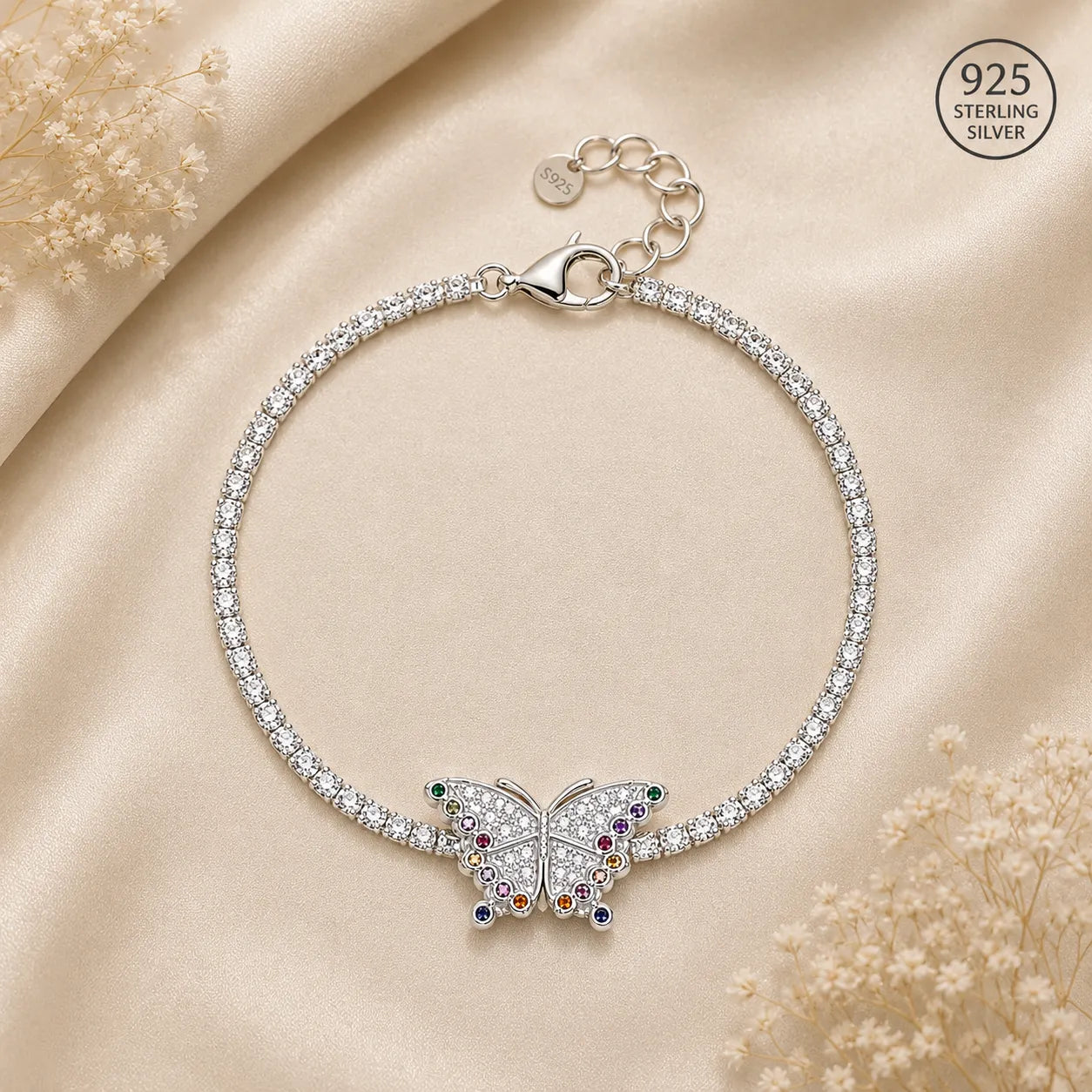 Marvel Silver 925 sterling silver tennis bracelet featuring a sparkling butterfly centerpiece with AAA Cubic Zirconia and multicolor stone accents, rhodium-plated finish, adjustable extension chain, elegant silver bracelet for women and girls suitable for daily wear, parties, weddings, anniversaries, and gifting.