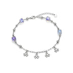 Marvel Silver Clover Charm Anklet featuring sparkling crystal cube beads, polished silver beads, dangling four-leaf clover charms, and an adjustable extension chain for women and girls.