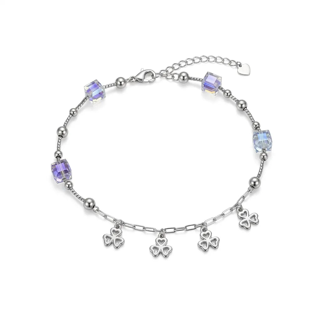 Marvel Silver Clover Charm Anklet featuring sparkling crystal cube beads, polished silver beads, dangling four-leaf clover charms, and an adjustable extension chain for women and girls.