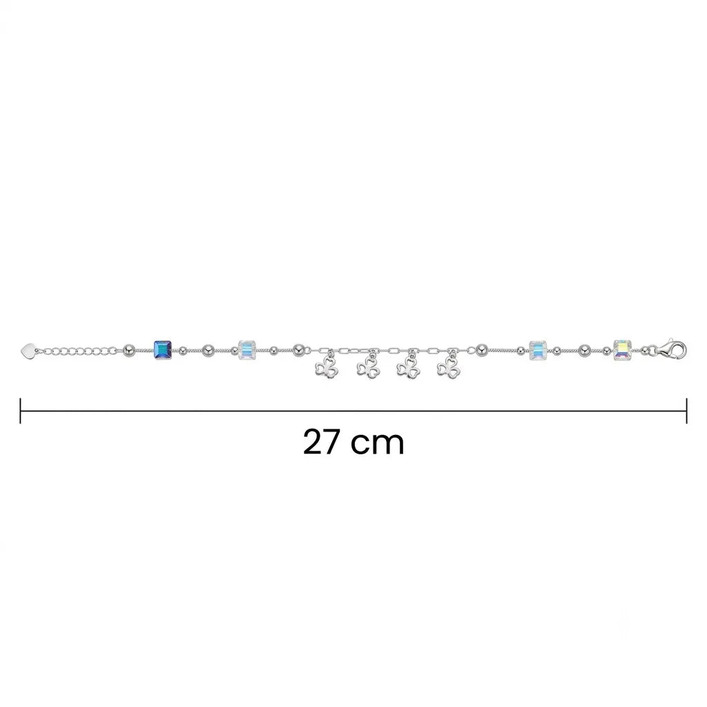 Marvel Silver Clover Charm Anklet featuring sparkling crystal cube beads, polished silver beads, dangling four-leaf clover charms, and an adjustable extension chain for women and girls.