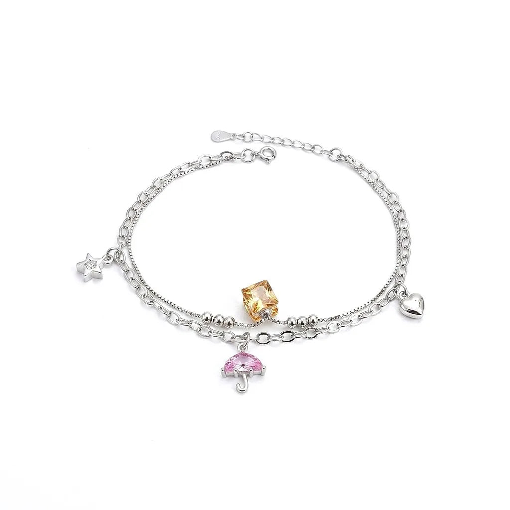 Marvel Silver Crystal Charm Anklet with heart, star, umbrella charms, and adjustable silver double chain for women and girls.