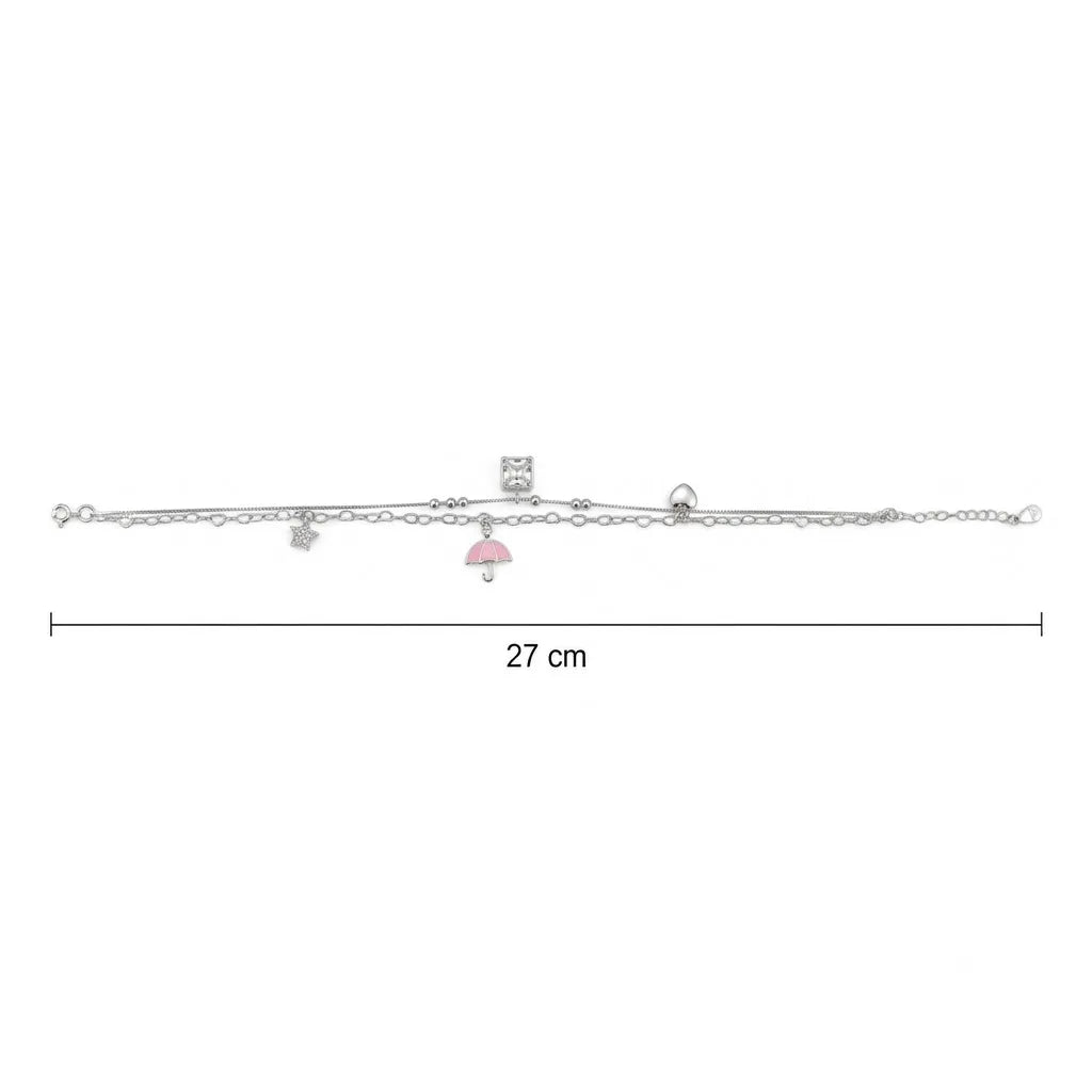 Marvel Silver Crystal Charm Anklet with heart, star, umbrella charms, and adjustable silver double chain for women and girls.