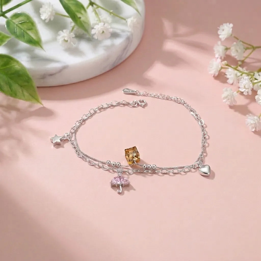 Marvel Silver Crystal Charm Anklet with heart, star, umbrella charms, and adjustable silver double chain for women and girls.
