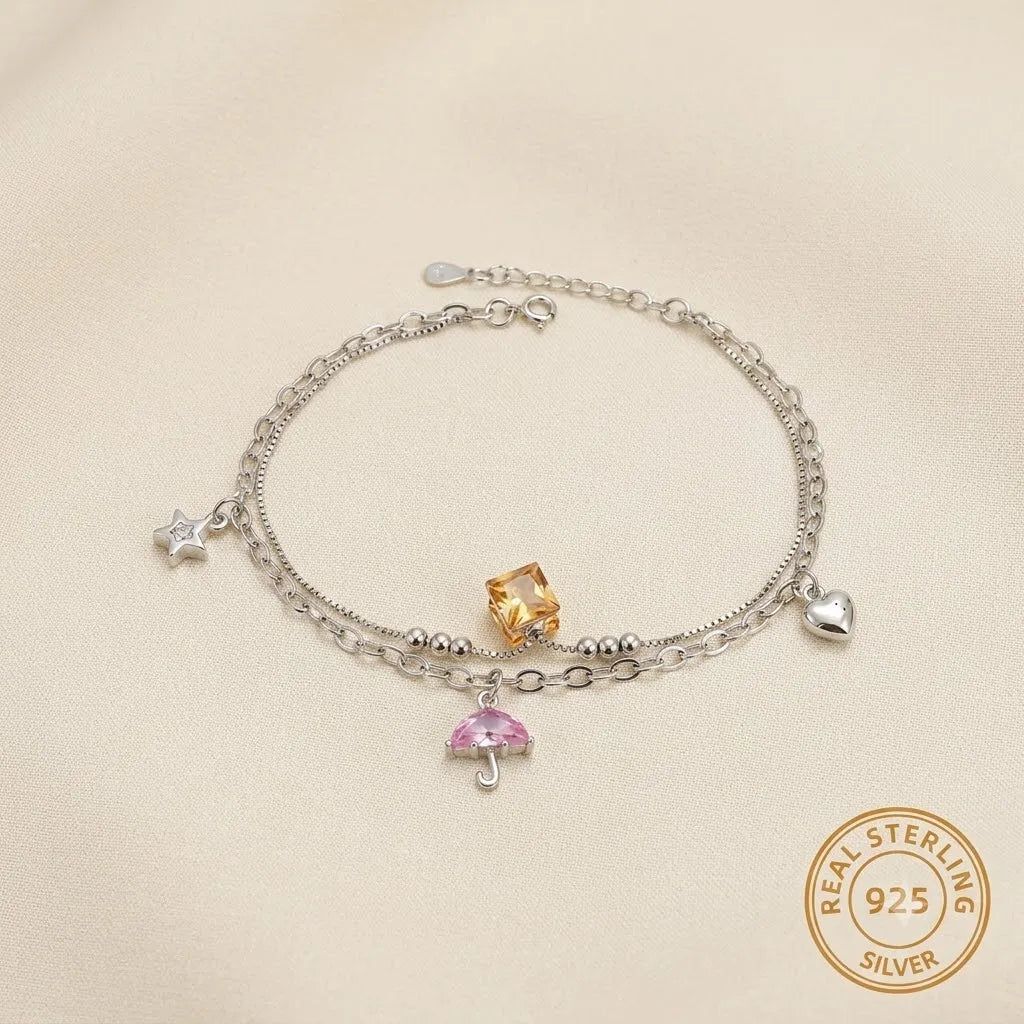 Marvel Silver Crystal Charm Anklet with heart, star, umbrella charms, and adjustable silver double chain for women and girls.