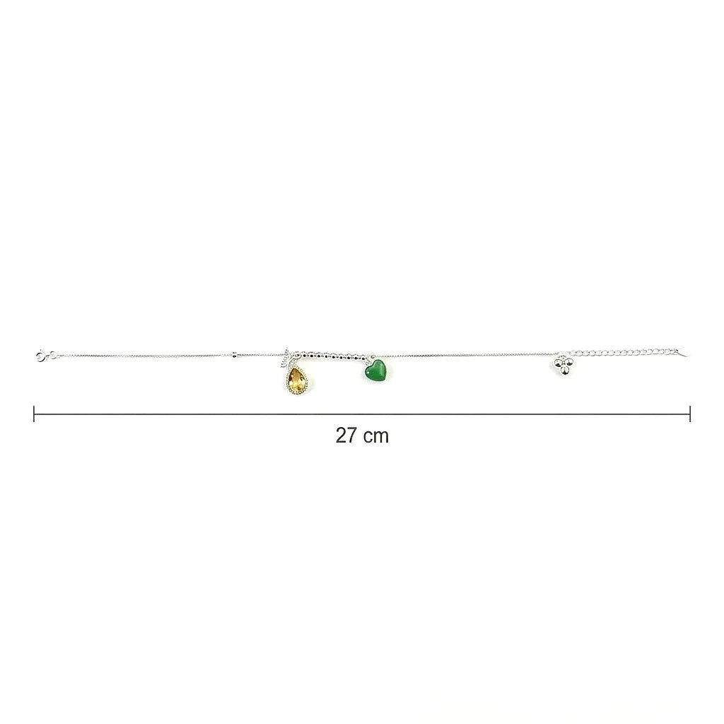 Marvel Silver Crystal Heart Anklet with sparkling teardrop crystal, green heart charm, silver bead detailing, and adjustable chain for women and girls.