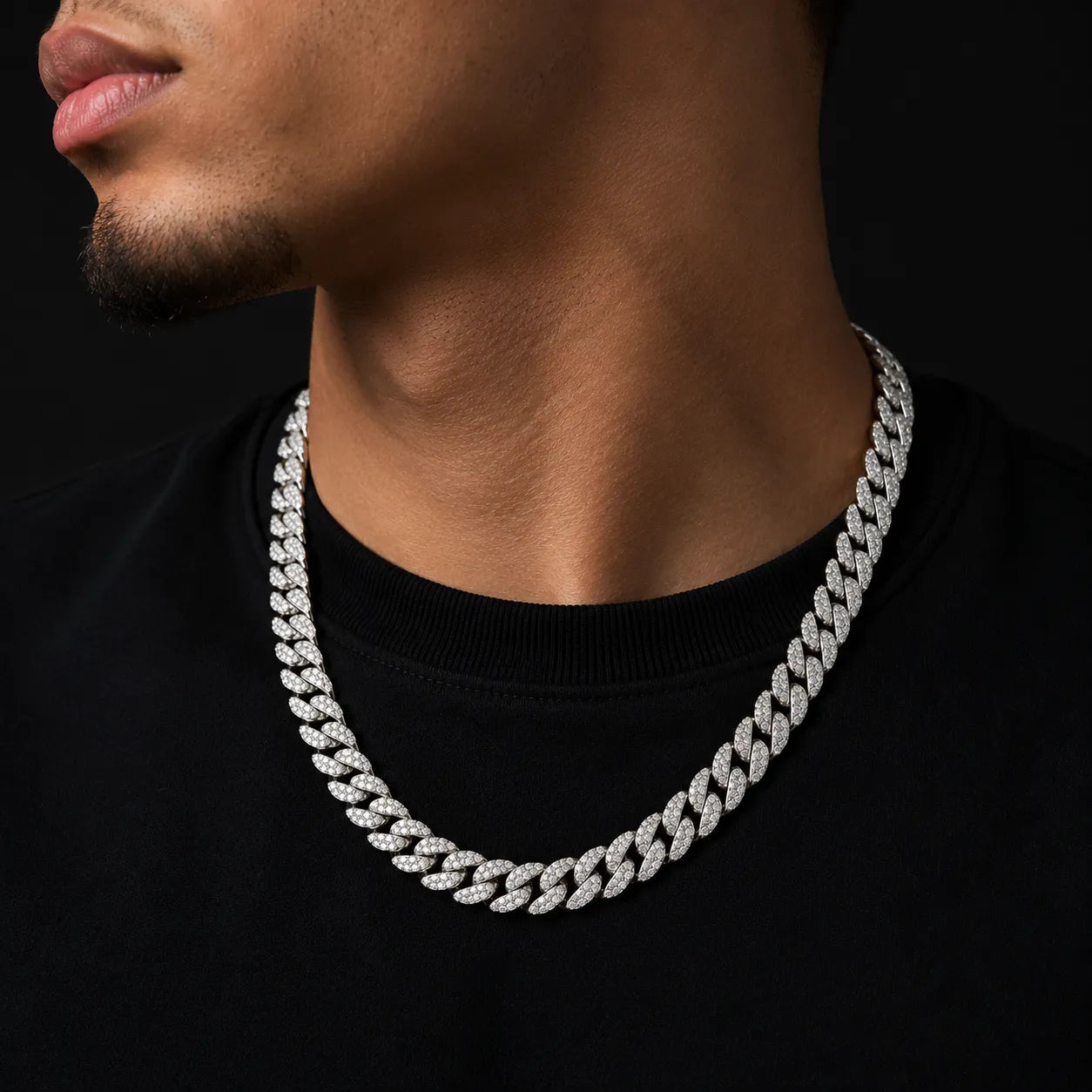 Marvel Silver iced Cuban link chain for men with sparkling stone-studded links and box clasp