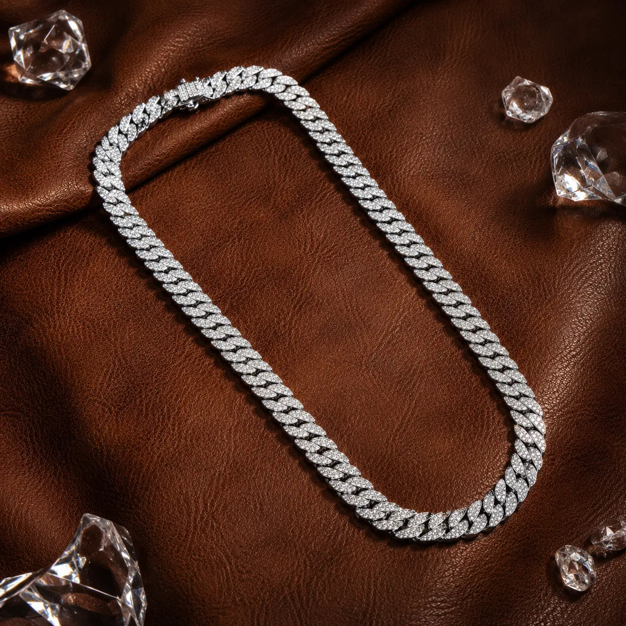 Marvel Silver iced Cuban link chain for men with sparkling stone-studded links and box clasp